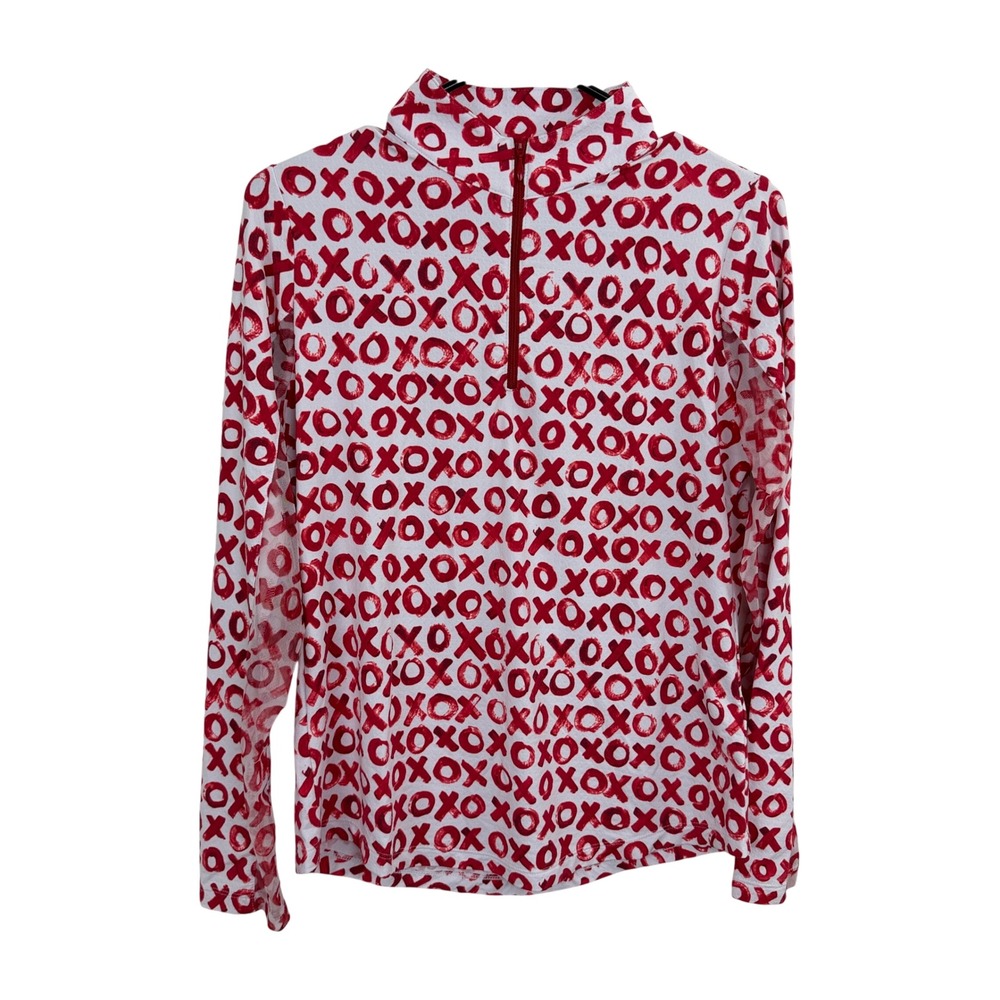 IBKUL Top Womens Small White Red XOXO Quarter Zip Mock Neck Long Sleeve UPF Mesh